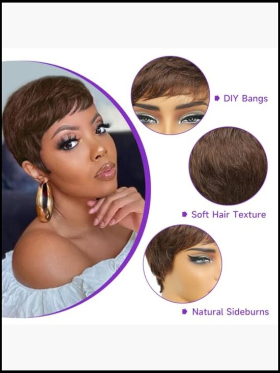 Short Straight Human Hair Pixie Cut Wig With Bangs Full Machine Made Wig main image 4
